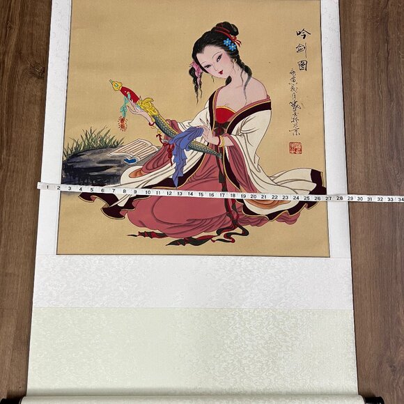 Asian Chinese Hanging Scroll Art Geisha with Sword Hand Painted 56" x 29" - Picture 6 of 11